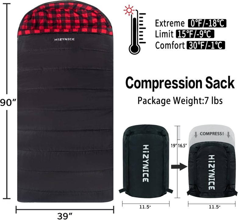 0 Degree Sleeping Bag 100% Cotton Flannel XXL for Adults Big and Tall Cold Weather Winter Zero Degree Camping,Free Compression Sack - Image 2